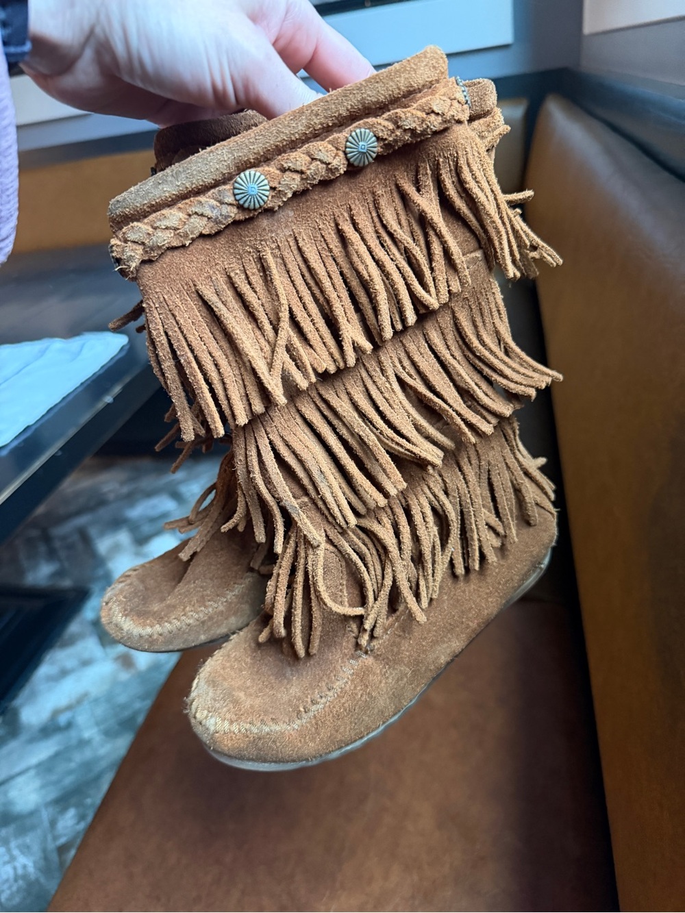 Minnetonka Fringe Suede Moccasin Boots in Cognac